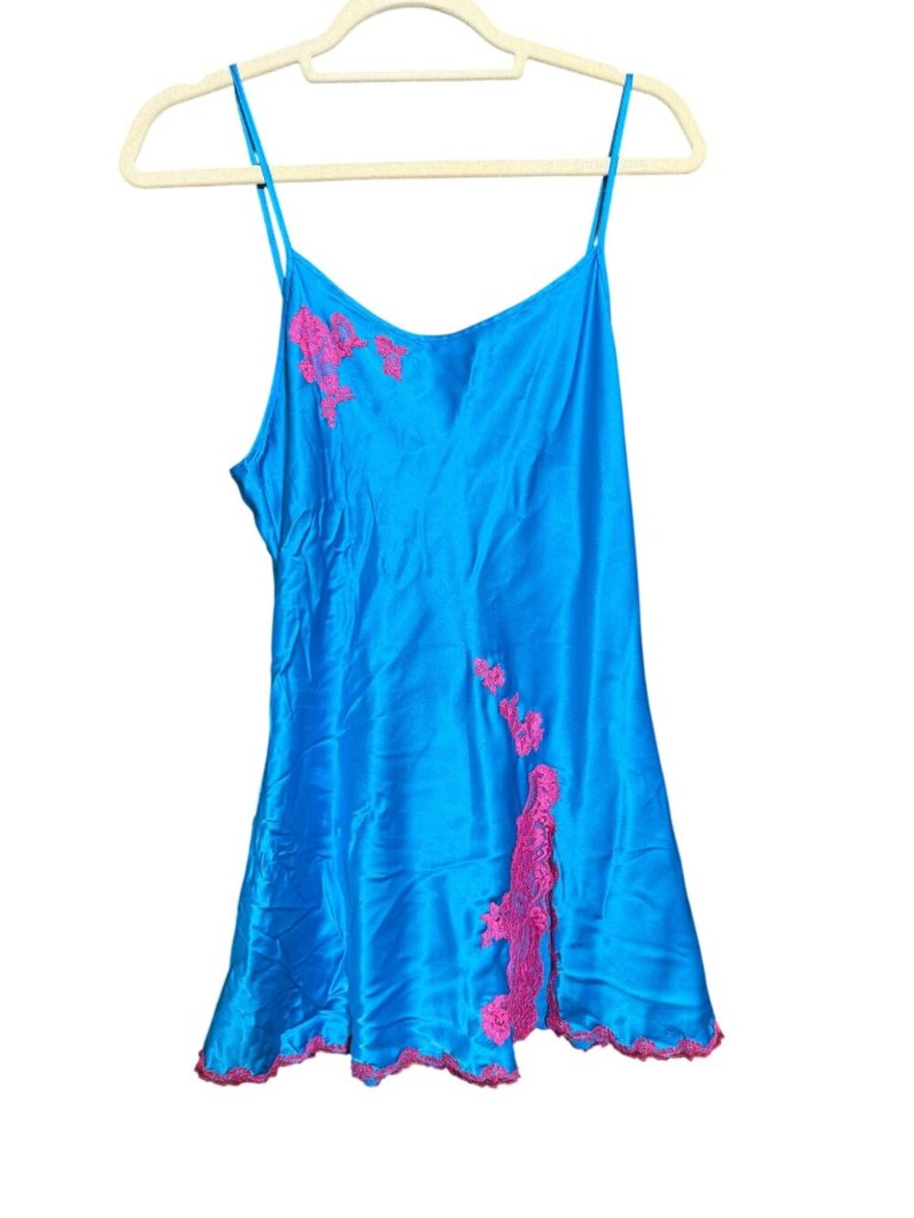Vtg Victorias Secret Blue Hot Pink Satin Chemise Slip Dress Adj Straps 2003 Sz M